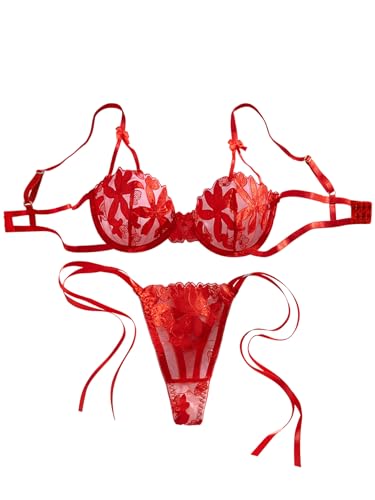 Image of Lilosy Sexy Tie Side Cute Underwire Push Up Strappy Embroidered Mesh Sheer Lingerie Set