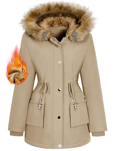 heekpek Damen Wintermantel Warm Wasserdichter Gefüttert Winterjacke Damen Mittellange Winterparka mit Verstellbarer Taille und Abnehmbare Zierleiste, M, Khaki