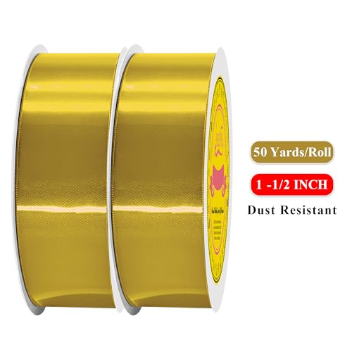 Image of 100 Yards Gold Satin Ribbon Polyester Ribbon for Gift Wrapping Very Suitable for Weddings Party Hair Bow Invitation Decorations and More（1-1 /2 inch X 50Yards X 2 Roll）