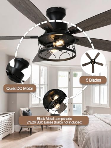 Image of 52 Inch Flush Mount Farmhouse Ceiling Fan with Lights and Remote | Rustic Fandelier Black Metal Caged Chandelier Fan, 5 Dual Blades, Reversible Quiet DC Motor 6 Speed, for Bedroom Living Room