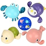 Baby Badespielzeug, 4 Pack Badewannenspielzeug Uhrwerk Schildkröten Wal Krabbe Pinguin, Schwimmen bis 15s, Wasserspielzeug Baby Bade Bad Schwimmen Badewanne Pool Spielzeug ab 6 Monate