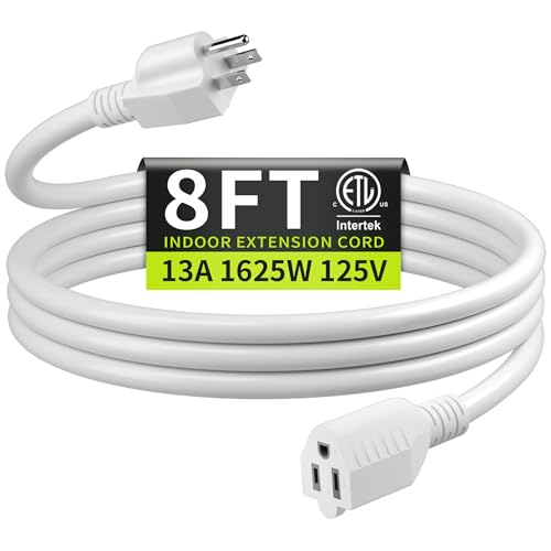 16/3 White Extension Cord 8 FT, Indoor Extension Cord for Laptops, Coffee Makers, Office Home Appliances, 3 Prong Resistant Cable Flexible, 13A 125V 1625W ETL Listed