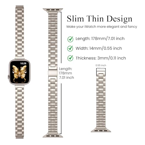 Image of STIROLL Thin Replacement Band Compatible for Apple Watch 49mm Ultra 3 2 1, 46mm Series 11 10,45mm Series 9 8 7, 44mm Series 6 5 4 SE, 42mm Series 3 2 1, Stainless Steel Metal Wristband iWatch Bands for Women, Starlight(No Case)
