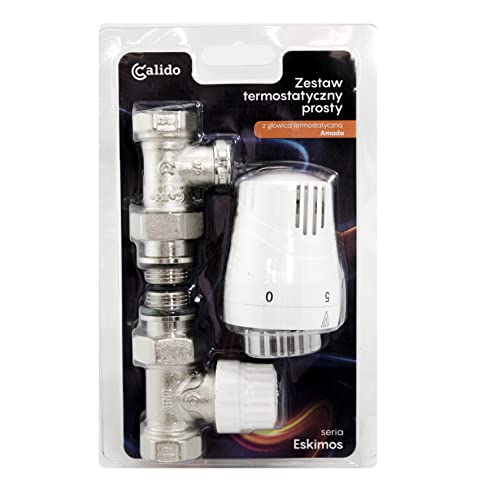 CALIDO Thermostat-Set, Thermostat-Kopf mit einem M 30 x 1,5 Gewinde, Zulaufwinkel 1/2' mit Voreinstellungen und O-Ring, Rücklaufventil, Automatischer Temperaturregler