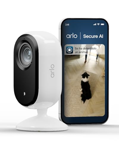 Arlo Essential 3 Indoor Camara Vigilancia Bebe/Mascotas 2K, Sensor de Movimiento, Alarmas para Casa, Visión Nocturna, Prueba Secure Incluida, con Cubierta de Lente Automática, 1 Cámara