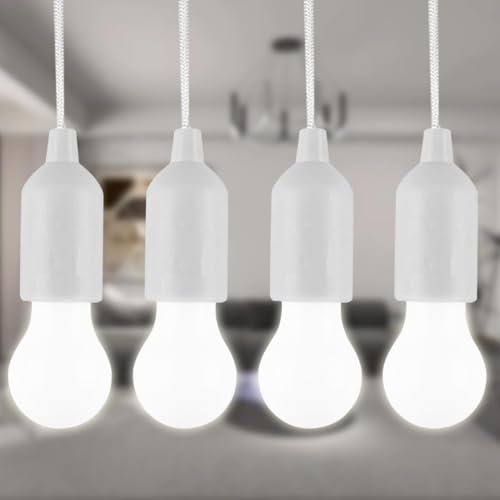 MVIOCS 4-Pack weiße LED-Zugschnurlampe, batteriebetriebene tragbare hängende Zugschnurlampe Laterne auf einem Seil für Indoor Outdoor Hochzeit Notfall Camping Dekoration Garten Party