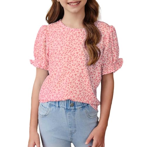 Tween Girls Boh𝗼 𝗙loral Puff Sleeve Shirt 6 to 15 Years Preppy Teens Crewneck Loose Shirts 2025 Trendy Clothes