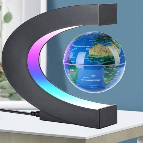 Product Image of the Magnetic Levitation Floating Globe with LED Lights 3 inch Map Globe with C Shape Base for Educational Home Office Desk Bookshelf Decor, Cool Tech Gift for Business Men Father Boys (Blue)