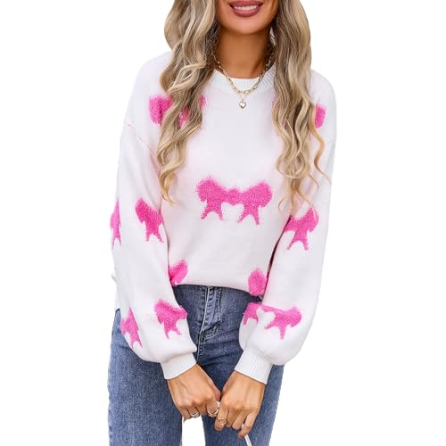 Image of Women Cute Bow Knit Sweater Y2k Long Sleeve Crew Neck Knitted Pullover Top Oversized Going Out Fall Winter Knitwear