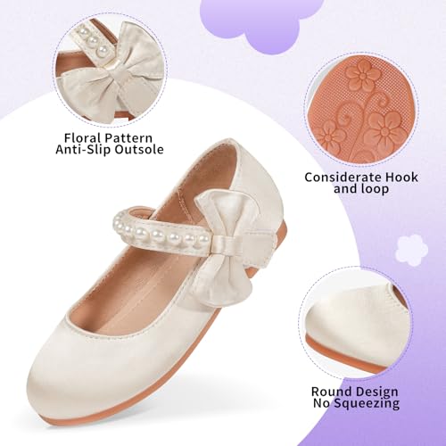 Toddler Girl Satin Dress Shoes with Pearl Bowknot - Flower Girl Ballet Flats Soft Non-Slip Sole Mary Jane Princess Shoes for Wedding Party4