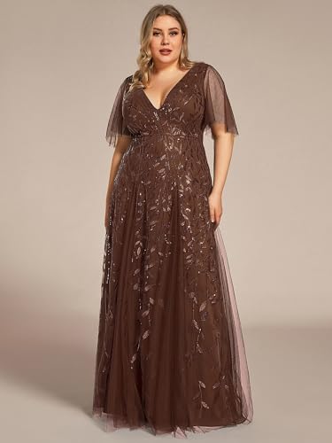 Image of Ever-Pretty Women's Sequin Plus Size Formal Dresses Evening Gown V-Neck Sheer Short Sleeve A-Line Mother of Bride Dress Brown US18