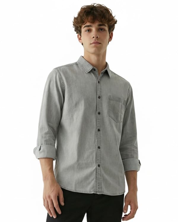 Image of Amazon Brand - INKAST Men Washed Cotton Twill Denim Casual Button Down Shirt | Full Sleeves | Regular Fit | Stylish Summer - Everyday Wear