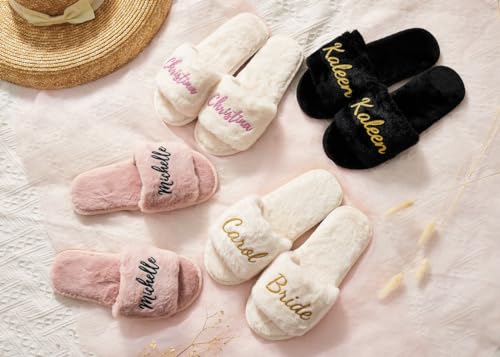 Personalized Bride Fluffy Slippers, Custom Bridesmaid Shoes for Wedding Day, Bachelorette Party Bridal Shower Gift for Bride, Hen Fluffy Slide On Girls Night Sleepover, I Do Mrs Last Name4