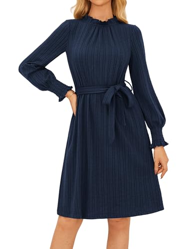 Kleider Damen Langarm A-Linie Cocktailkleid Vintage Ribbed Tunika Kleid Midikeleid Festlich Kleid mit Taschen Marineblau L