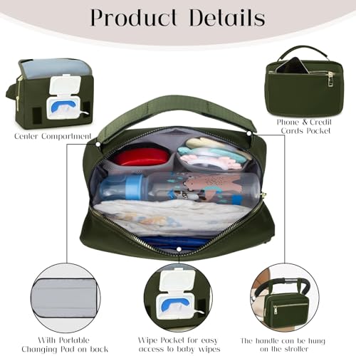 Image of printe Small Diaper Bag with Portable Changing Pad, Crossbody Diaper Pack with Wipes Pocket, Women Waist Bag for Travel (Olive Green, Large)