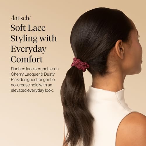 Image of Kitsch Ruched Lace Scrunchies For Women - No Crease, Gentle Hold, Frizz-Free Hair Scrunchies | Soft Lace Hair Accessories for All Hair Types - Cherry Lacquer & Dusty Pink, 5pc Set