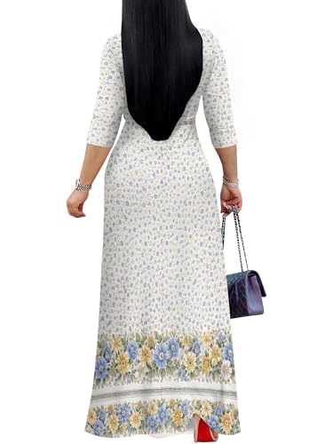 Image of Women's V Neck Floral Maxi Dress 3 /4 Sleeve Plus Size Boho Wrap Flowy Long Dresses with Belt