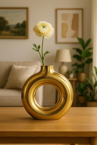 Image of Amazon Basics Artisan Crafted Ceramic Donut Shaped Vase for Unique Home Decor (9L cm x 4W cm x 16H cm) - Pack of 1, Gold