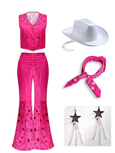 Yanny 2023 Film Cowgirl Kostüm Outsuit 70er 80s Hippie Disco Kostüm Wig Damen Rosa Schlaghose Halloween Cosplay (Rosa, Small)