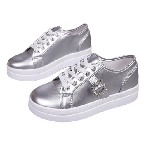 Women's Platform Sneakers, Black Leather with Crystal Buckle, Lace-up Fashion Shoes
