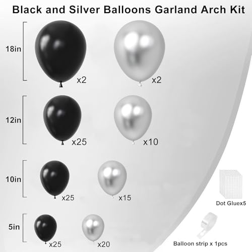 Image of Black and Silver Balloons Garland Arch Kit, Black Silver Balloons for Birthday, Wedding, Graduation, Anniversary Decorations