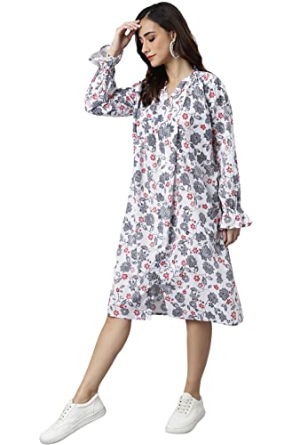 Image of Janasya Women's White Cotton Floral Print Flared Western Dress