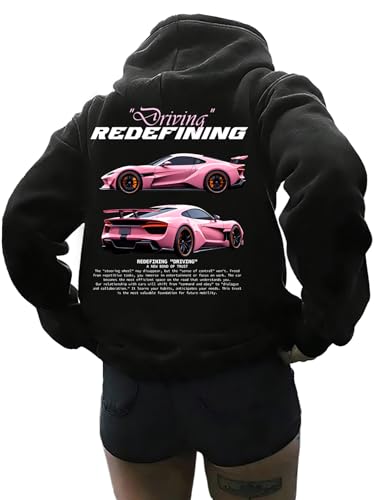 SOLY HUX Womens Graphic Hoodies Oversized Drawstring Long Sleeve Letter Car Print Sweatshirt Pullover Tops Black Letter Small