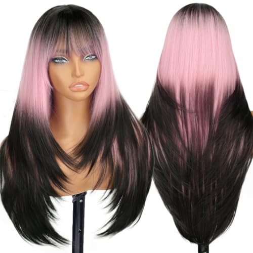 Eawwii Wig with Bangs, Pink & Black 26 Inch Synthetic, 4x4 Realistic Scalp