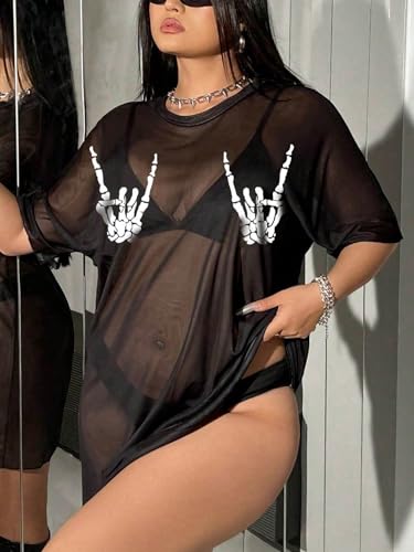 Floerns Women's Plus Size Skull Half Sleeve Swimwear Sheer Mesh Coverup Dress4