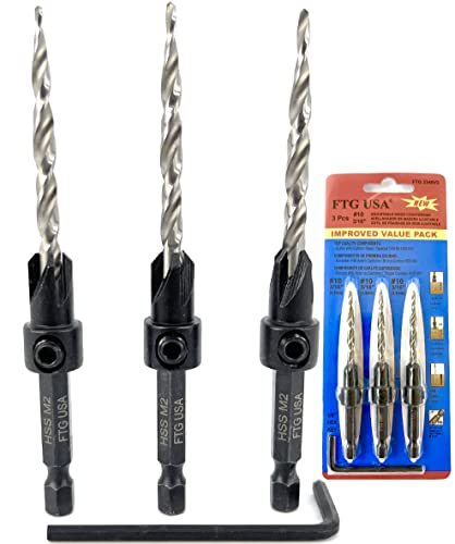 Image of FTG USA #10 (3 /16 inch) Wood Countersink Drill Bit 3-Pc Set with Hex Key | Convenient 3-pack of identical tapered bits for woodworking. Includes 1 Allen wrench hex key for easy adjustments