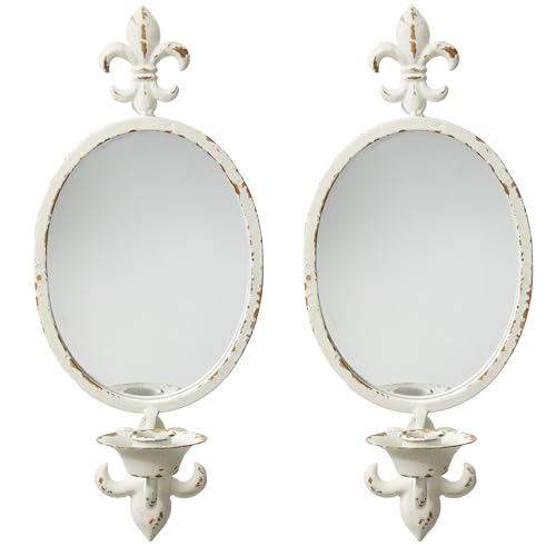 Sintosin Lot de 2 bougeoirs muraux en métal blanc antique vintage avec miroir pour décoration murale shabby chic pour salon et chambre à coucher