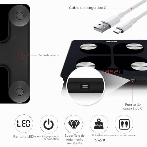 Miniatura 5 de Renpho Báscula De Grasa Corporal Con Bluetooth - Báscula Elegante Para Baño Bmi Digital Escala, Analizador Recargable De Composición Corporal Con Usb Y Aplicación