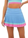 Fisoew Women'S High Waisted Tennis Skirts Color Block Pleated Athletic Golf Skorts With Built In Shorts Blue