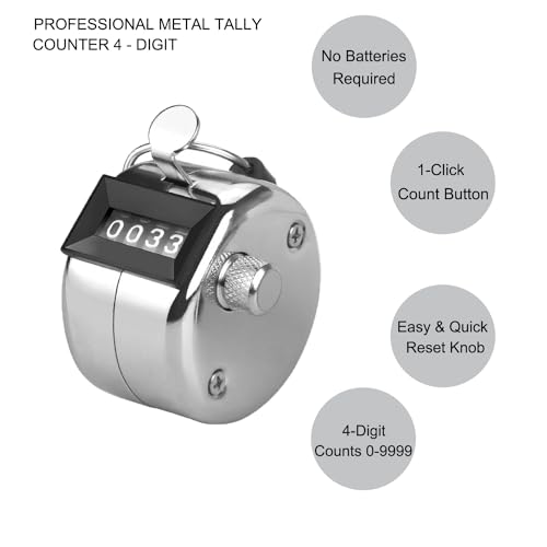 Metal Tally Counter Clicker Counter Handheld Pitch Counter, Manual Mechanical 4-Digit Number Click Counter, One Hand Counter Clicker Digital Counting for Coaching Knitting People Lap Fishing Golf&Row
