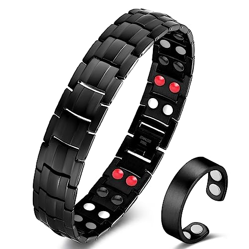 Vicmag Men Magnetic Bracelets Titanium Steel Magnet Bracelet Ultra Strength Double Row 3500 Gauss Wristband Brazaletes with Adjustment Tool & Jewelry Gift Box (Black 4 Elements)