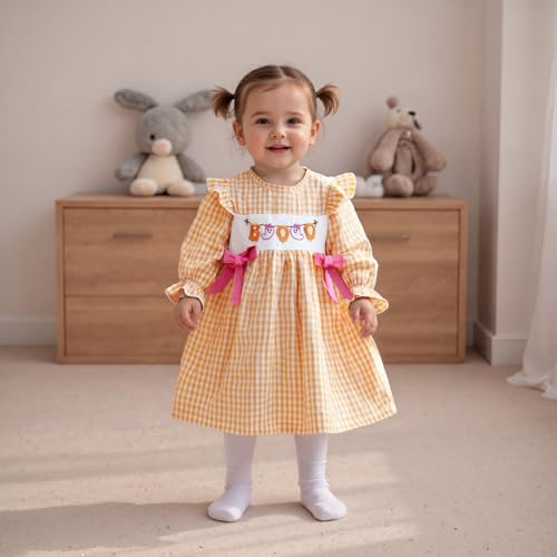 Adobabirl Toddler Baby Girl Halloween Smocked Dress Pumpkin Embroidered Long Sleeve Plaid Dresses Halloween Outfit for Kids3