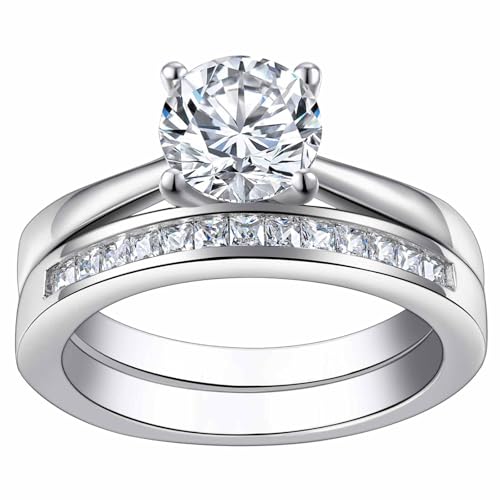 Image of SHELOVES Solitaire Bridal Ring Sets Wedding Ring Set for Women Her AAAAA Round CZ Promise Rings White Gold Plated Silver Sz P
