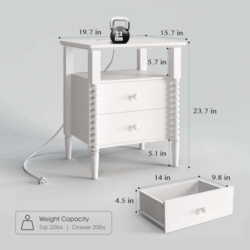 Image of JOINICE White End Table Set of 2 with Charging Station, Jenny Lind Spindle | Bedside Table for Bedroom, Living Room, Kids Room, Nightstand with 2 Large Drawers, Solid Wood Legs, Easy Assembly