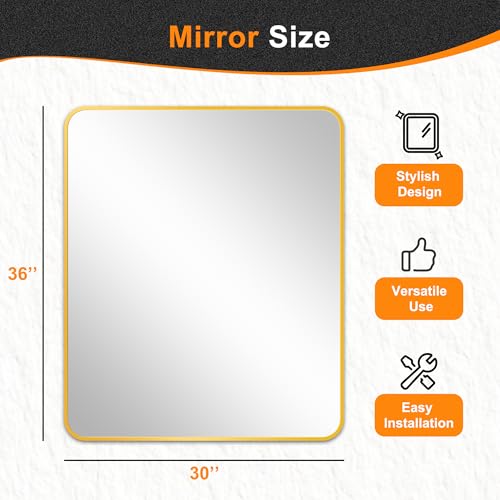 Image of Delma Bathroom Vanity Mirror, Gold Framed Mirror for Over Sink, 36x30 | HD glass, distortion-free for makeup and grooming, Sturdy frame, all mounting hardware, hangs horizontal or vertical