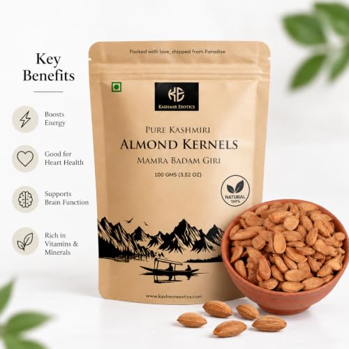 Image of Kashmir Exotics Organic Kashmiri Mamra Almond Kernels 100g - Premium Handpicked Badaam Giri - Rich Oil Content, PUFA & MUFA Rich - 100% Natural Healthy Dry Fruits - Protein & Fiber Rich