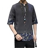 Men's Kung Fu Shirt,Traditional Chinese Hanfu Tang Suit Coat with Silk Printing,Half Sleeve Top for Casual Summer Outfits A-Gray