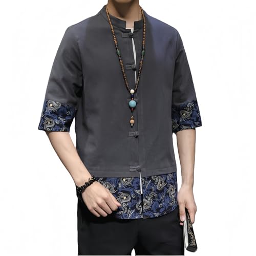 Men's Kung Fu Shirt,Traditional Chinese Hanfu Tang Suit Coat with Silk Printing,Half Sleeve Top for Casual Summer Outfits A-Gray