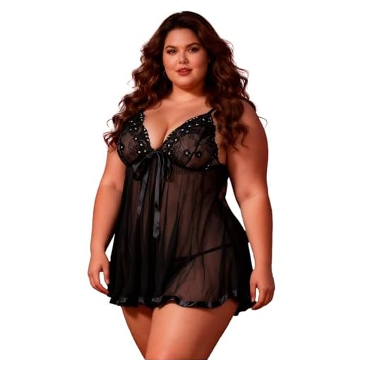ohyeahlady Negligee Damen Spitze Nachthemd Babydoll Sexy Dessous Trägerkleid Lingerie Reizwäsche mit G-String(Schwarz B,5XL-6XL)