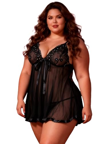ohyeahlady Camisón Mujer de Encaje Talla Grande Picardias Elegante Pijama Sin Mangas Picardía Mujer Vestido Lencería Negligee Ropa Interior Lencería Ropa para Dormir y Braguita Regalo Negro,XXL