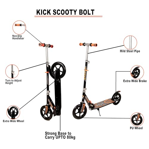 Image of OXYGEN Kick Scooter Bolt for Kids 6 to 14 Years 2 Wheel Foldable with Adjustable Handlebar Alloy Steel Frame Wide Non Slip Deck 80kg Capacity Black and Orange