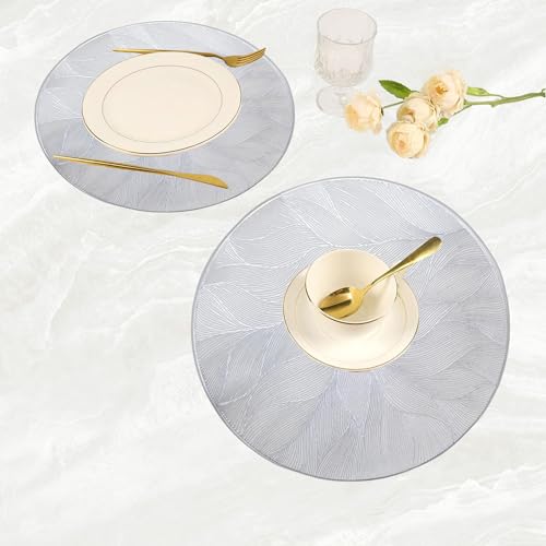 Image of HomeCloud PVC Material Round Shape Table Mat, Dining Table Mat,Table Placemats, Round Mats,Best for Bed-Side Table /Center Table, Dining Table /Shelves (Circle Leaf Flower Silver, Set of 2)