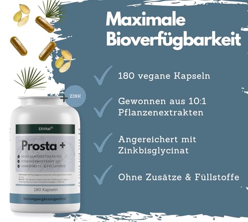 EXVital® Prosta+, 180 vegane Kapseln, hochdosiert mit Sägepalmenextrakt (600mg), Kürbiskernextrakt (400mg) & Zink, laborgeprüft