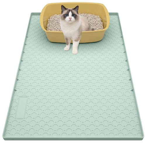 34"x22" Litter Mats Extra Large Easy Clean, Cat Litter Mat Large, Silicone Dog or Cats Feeding mat Waterproof, Cat Litter Mats for Indoor Cats, Green