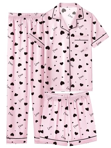 Boys Girls Pajamas 3 Piece Silky Satin Pajama Set Button Down Soft Sleepwear Loungwear, 4-14 Years