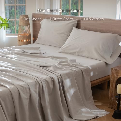 Image of MooMee Sheet Set 100% Washed Cotton Linen-Like Extra Deep Pocket King | Relaxed Linen-like Texture. Soft, Breathable & Lightweight Comfort. 15-19 inch Extra Deep Pocket with All-around Elastic